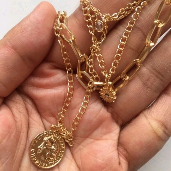 💖 2/$30 Chunky layered necklaces Gold coin pendant Boho multi chain link stars - Picture 6 of 8
